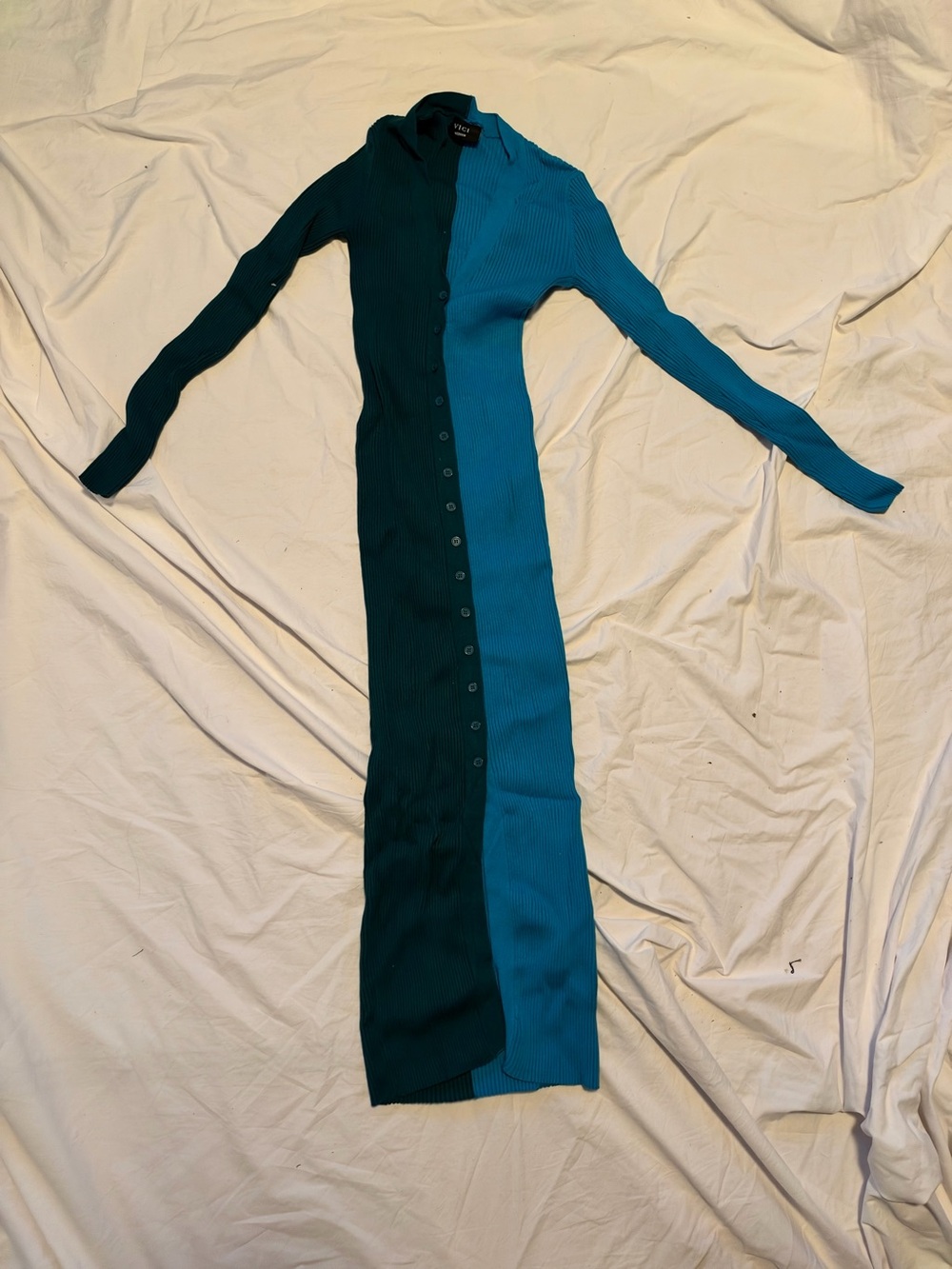 VICI Collection Ribbed Two-Tone Teal Button-Front Long Dress Good Condition